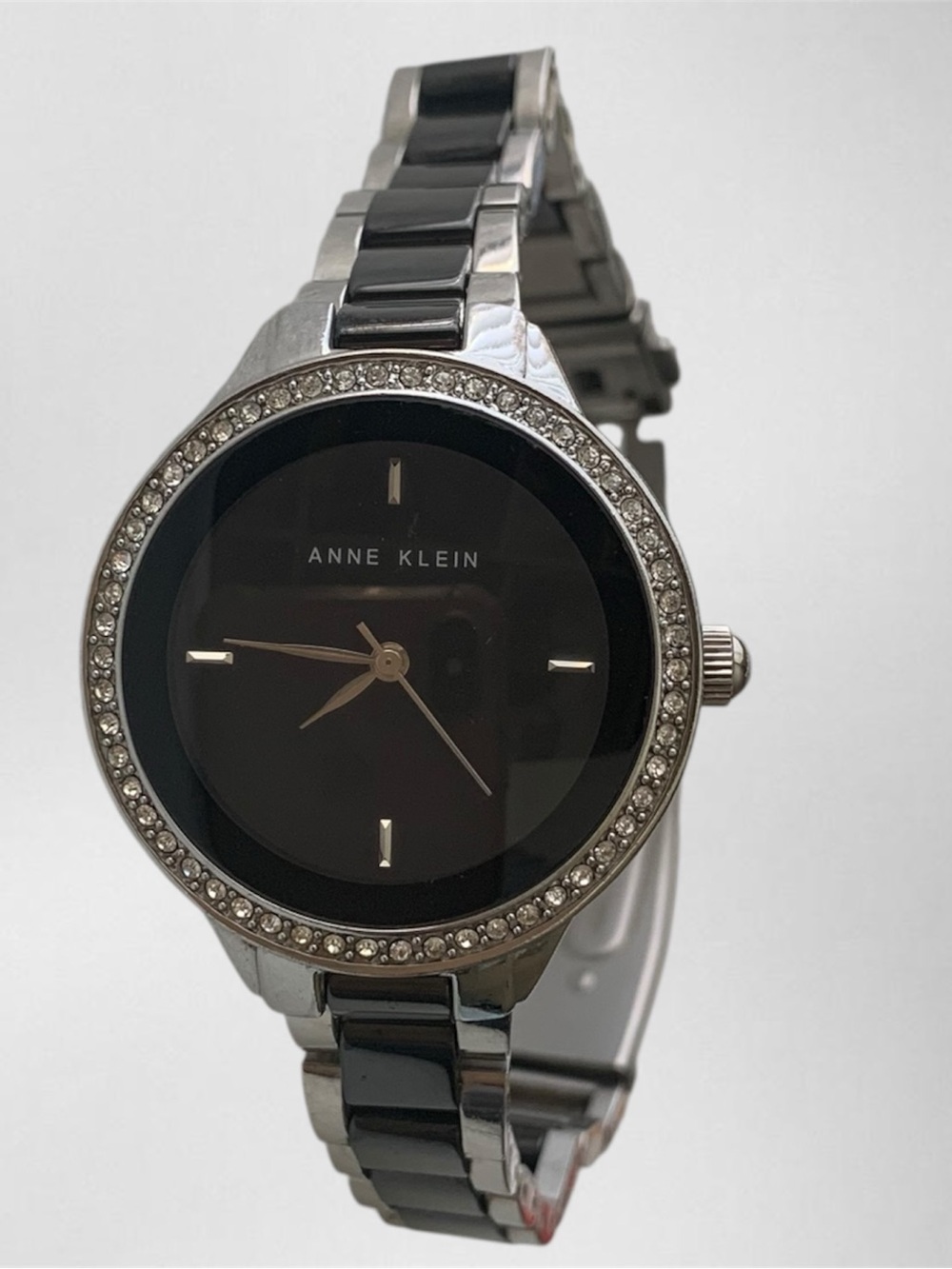 Anne Klein Black and Silver Crystal-Trim Women's Bracelet Watch